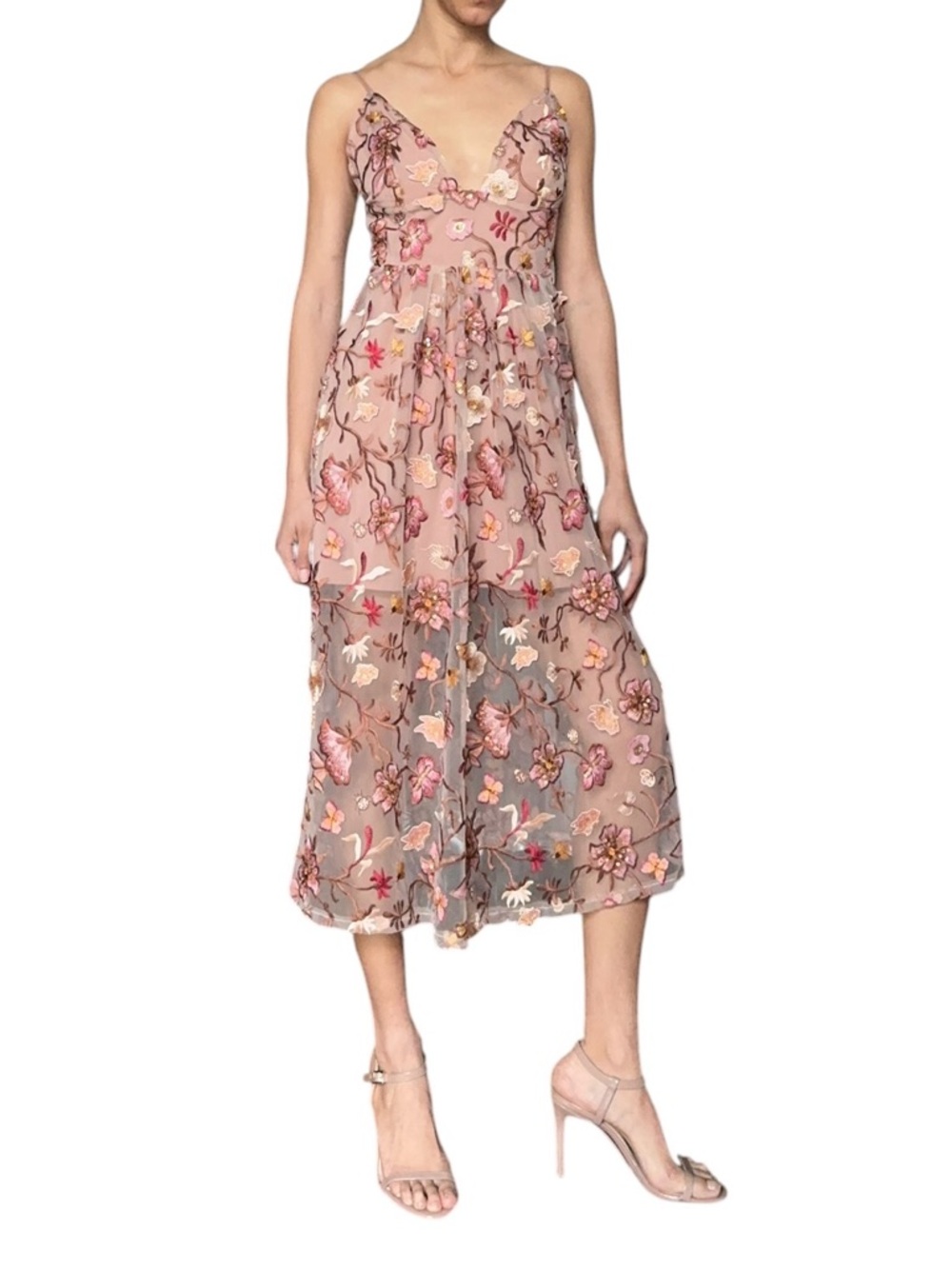 For Love & Lemons Botanic Midi Dress Nude Floral Wedding Guest
